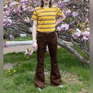 Men’s Run & Fly Hendrix Tan Paisley Corduroy Retro Bell Bottom Flare Pants 36L